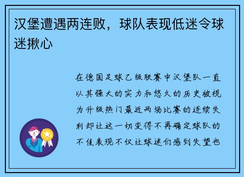 汉堡遭遇两连败，球队表现低迷令球迷揪心