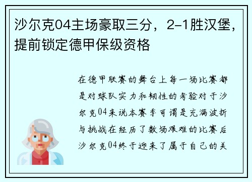 沙尔克04主场豪取三分，2-1胜汉堡，提前锁定德甲保级资格