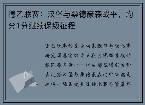 德乙联赛：汉堡与桑德豪森战平，均分1分继续保级征程
