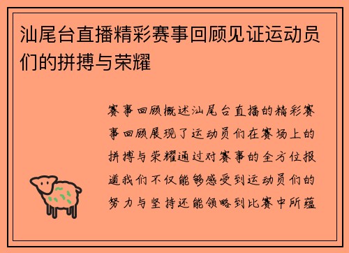 汕尾台直播精彩赛事回顾见证运动员们的拼搏与荣耀